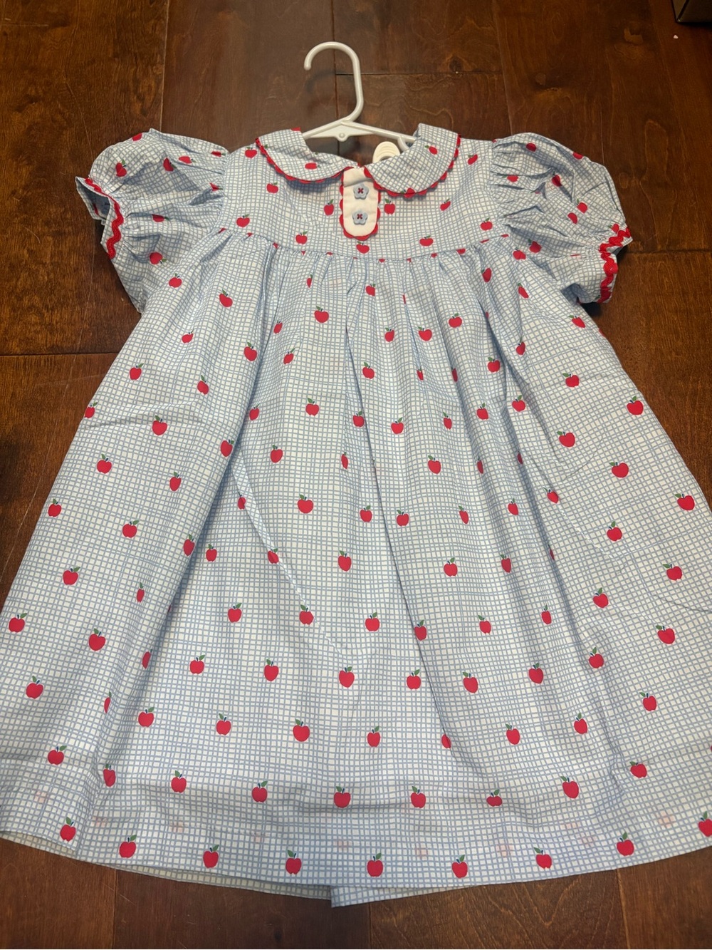 The Beaufort Bonnet Company Blue Checked Dress with Red Apple Motif